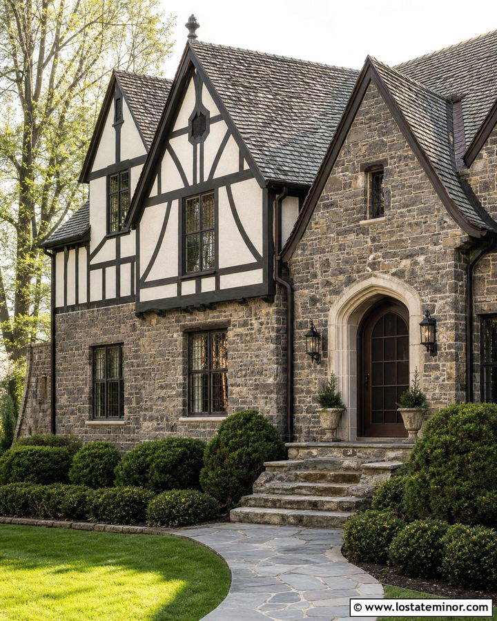 Stone Tudor House With Dark Brown Screen Door - 30 Stone House Design With Screen Door Ideas