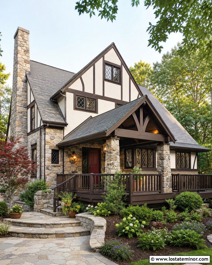 Stone Tudor House With Dark Wood Deck - 30 Stone House Design With Deck Ideas
