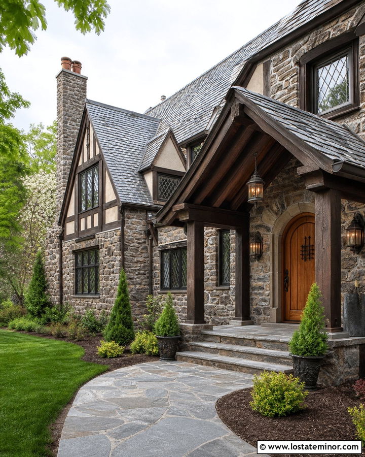 Stone Tudor House With Dark Wood Porch Ceiling - 30 Stone House Design With Porch Ceiling Ideas