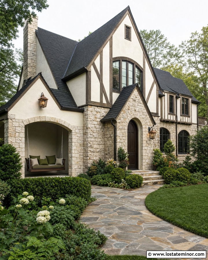 Stone Tudor House With Dark Wood Swing - 30 Stone House Design With Swing Ideas