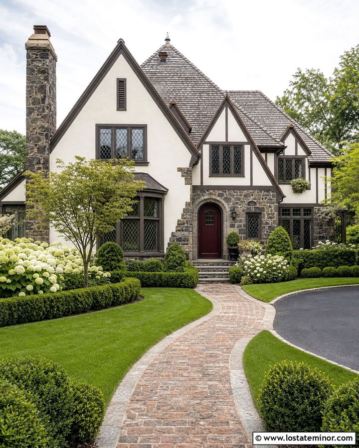Stone Tudor House With Formal Landscaping - 30 Stone House Design With Landscaping Ideas