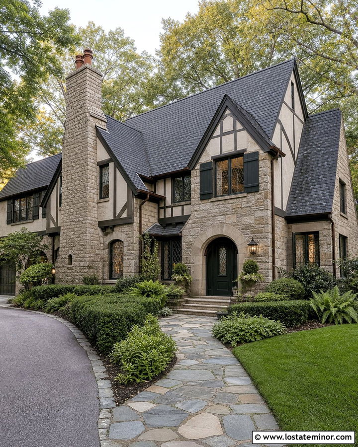 Stone Tudor House With Green Shutters - 30 Stone House Design With Shutters Ideas