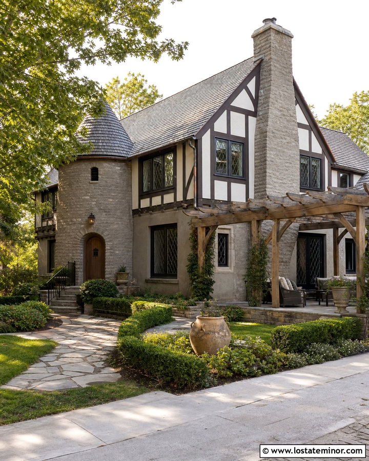 Stone Tudor House With Oak Pergola - 30 Stone House Design With Pergola Ideas