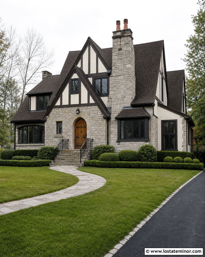 Stone Tudor House With Wrought Iron Railings - 30 Stone House Design With Railings Ideas