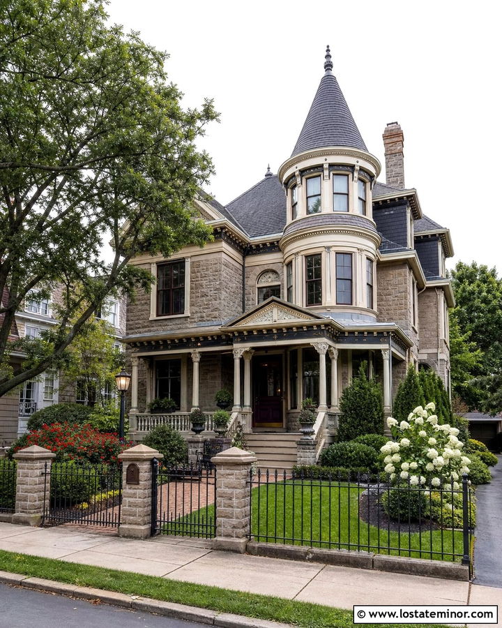 Stone Victorian House With Decorative Iron Fence - 30 Stone House Design With Fence Ideas