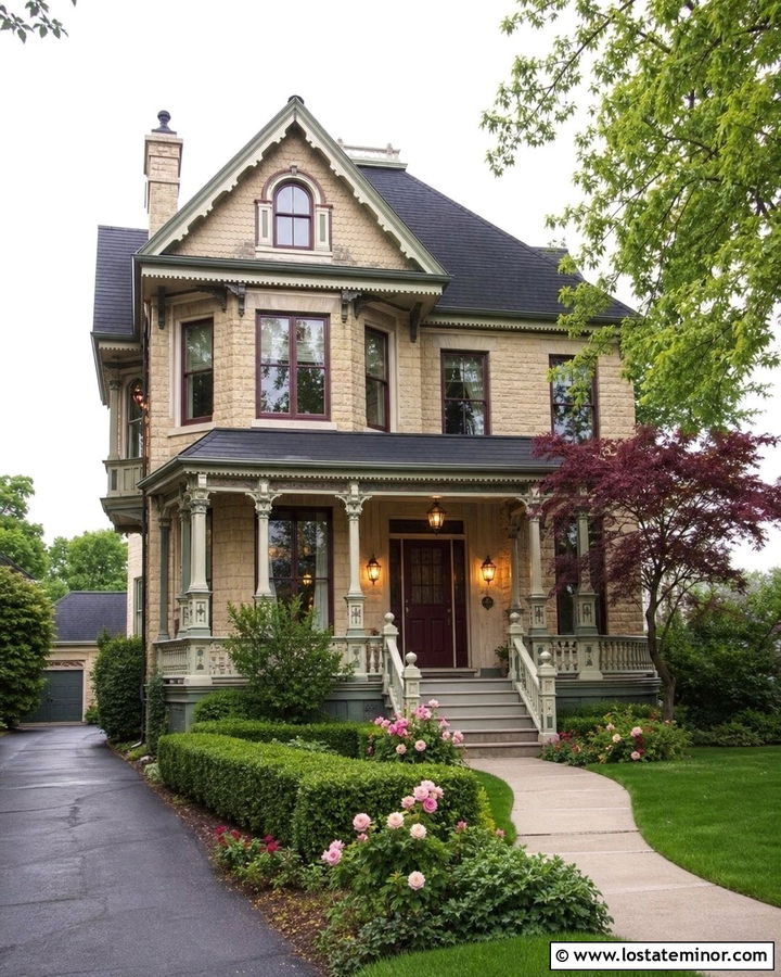 Stone Victorian House With Decorative Lantern Lighting - 30 Stone House Design With Lighting Ideas