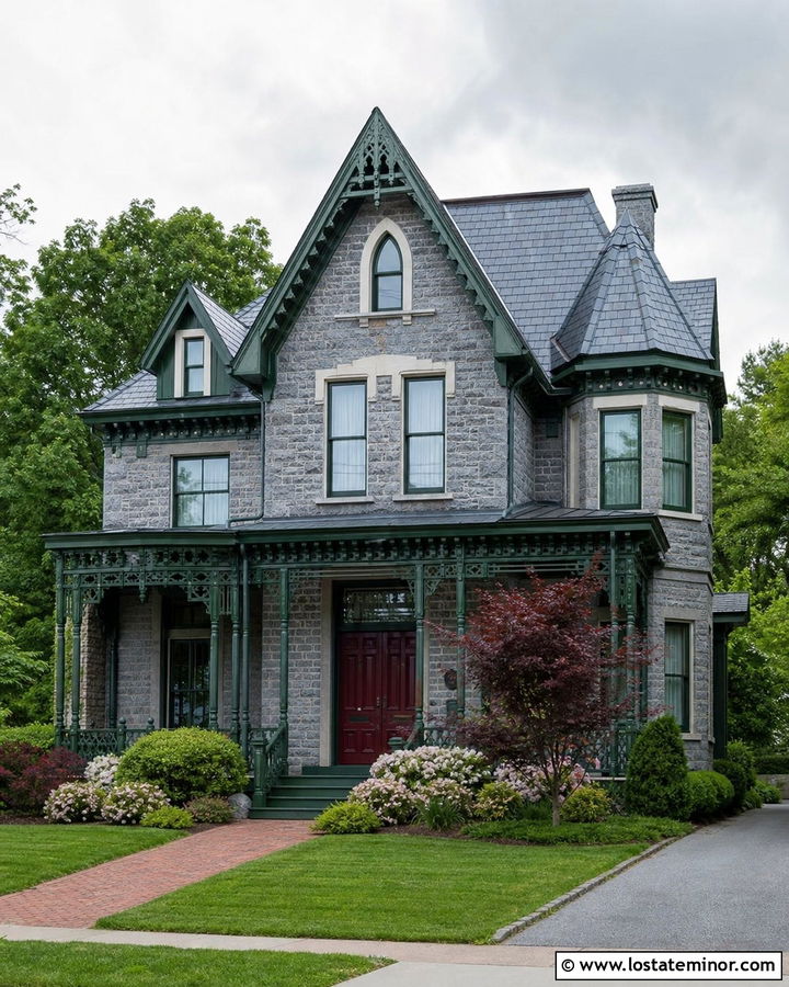 Stone Victorian House With Decorative Railings - 30 Stone House Design With Railings Ideas