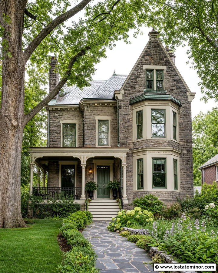 Stone Victorian House With Deep Green Window Frames - 30 Stone House Design With Window Frames Ideas