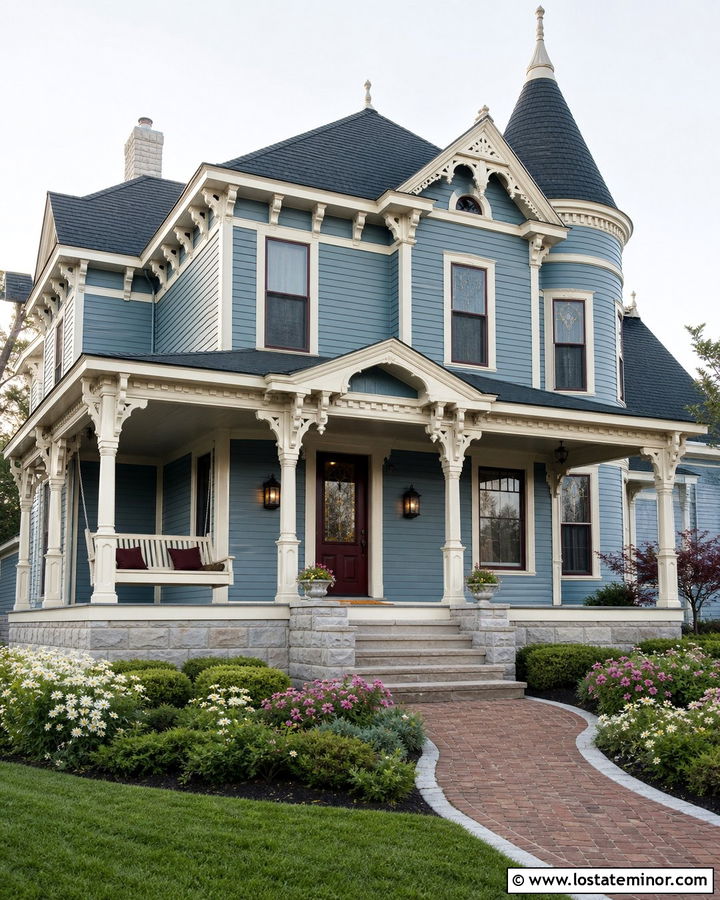 Stone Victorian House With Painted Swing - 30 Stone House Design With Swing Ideas