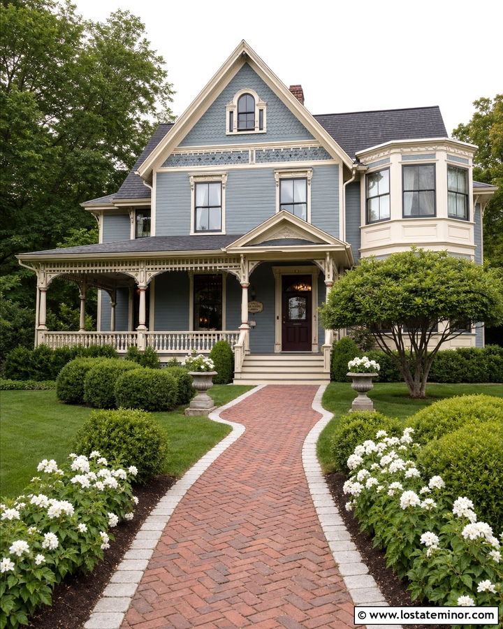 Stone Victorian House With Patterned Brick Walkway - 30 Stone House Design With Walkway Ideas
