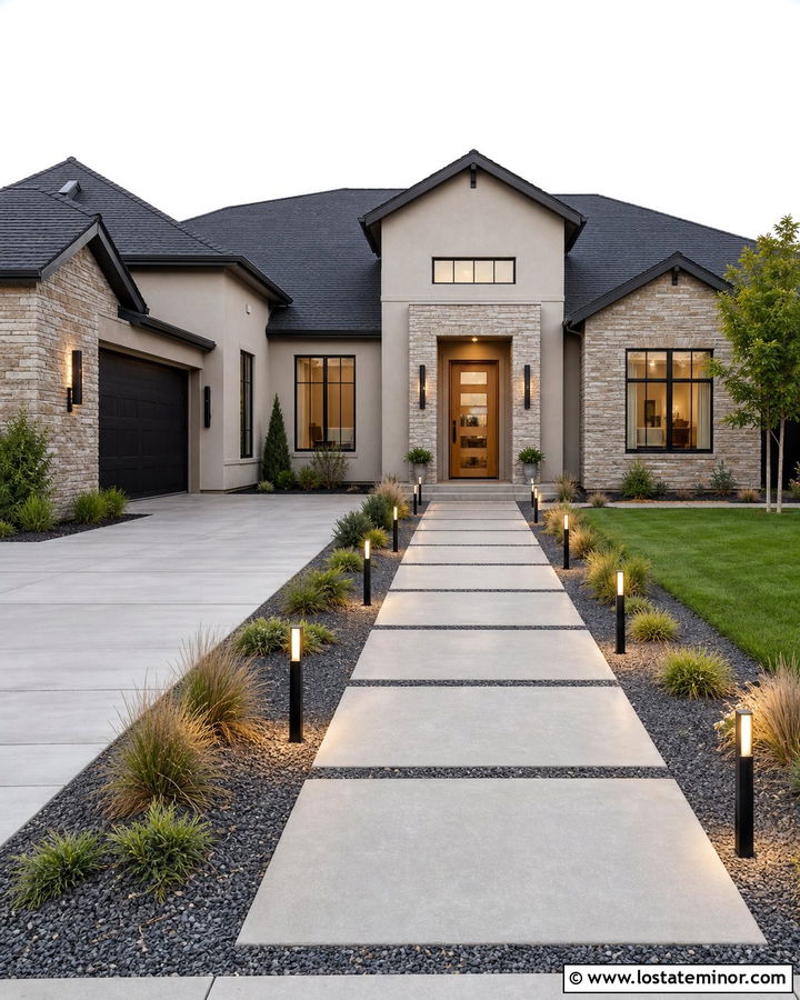 Stone Walkway With Bollard Lights - 30 Stone House Design With Light Fixtures Ideas
