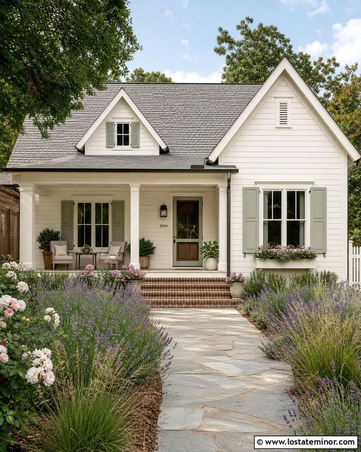 Swiss Coffee Cottage With Sage Screen Door - 30 Warm White House Design With Screen Door Ideas