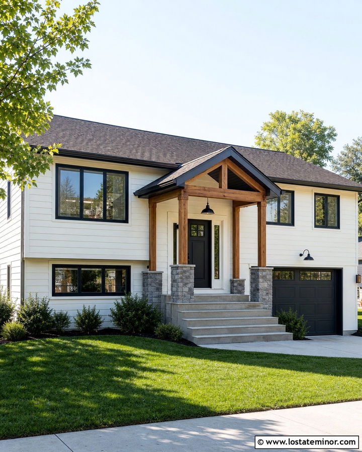 Swiss Coffee Split Level With New Porch - 30 Warm White House Design With Front Porch Ideas