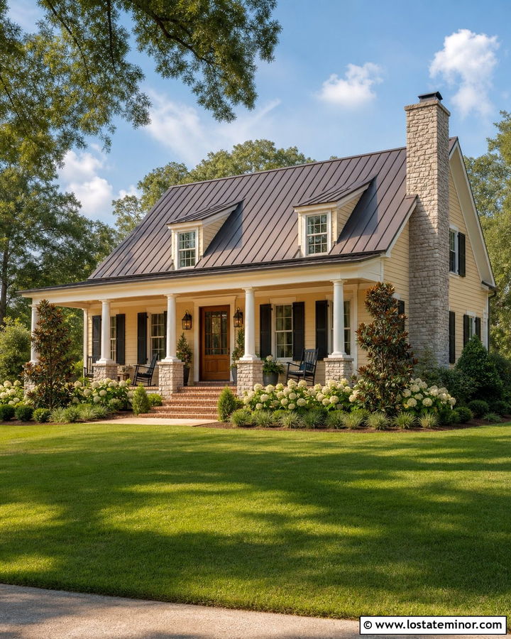Tan Acadian House With Porch Chimney - 30 Tan House Design With Chimney Ideas