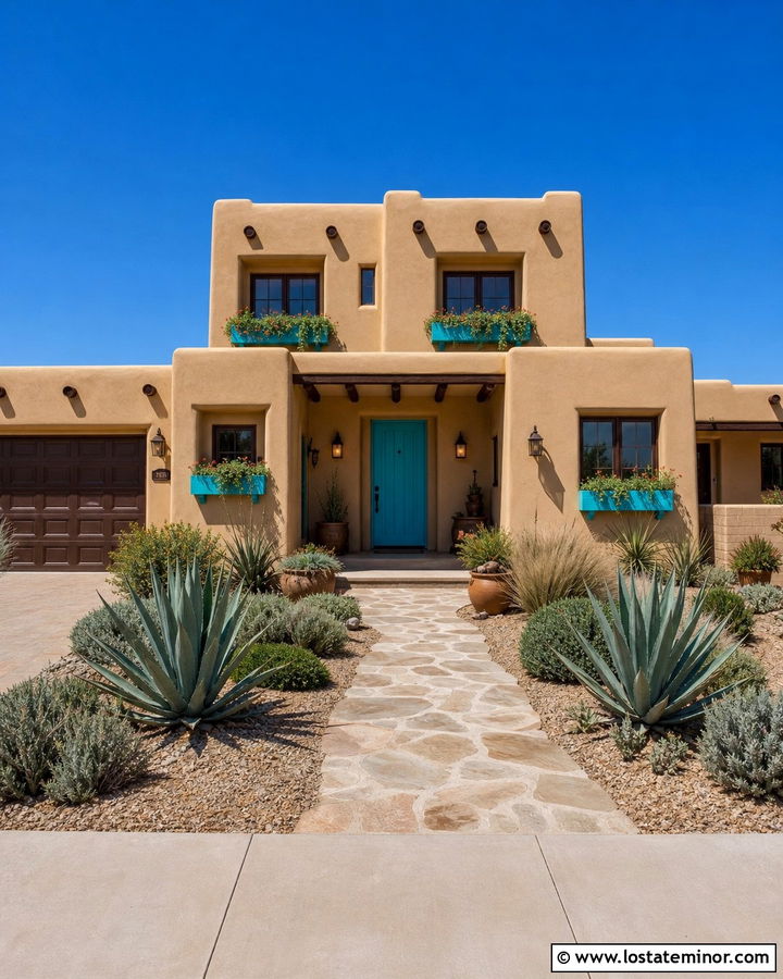 Tan Adobe House With Blue Window Boxes - 30 Tan House Design With Window Boxes Ideas