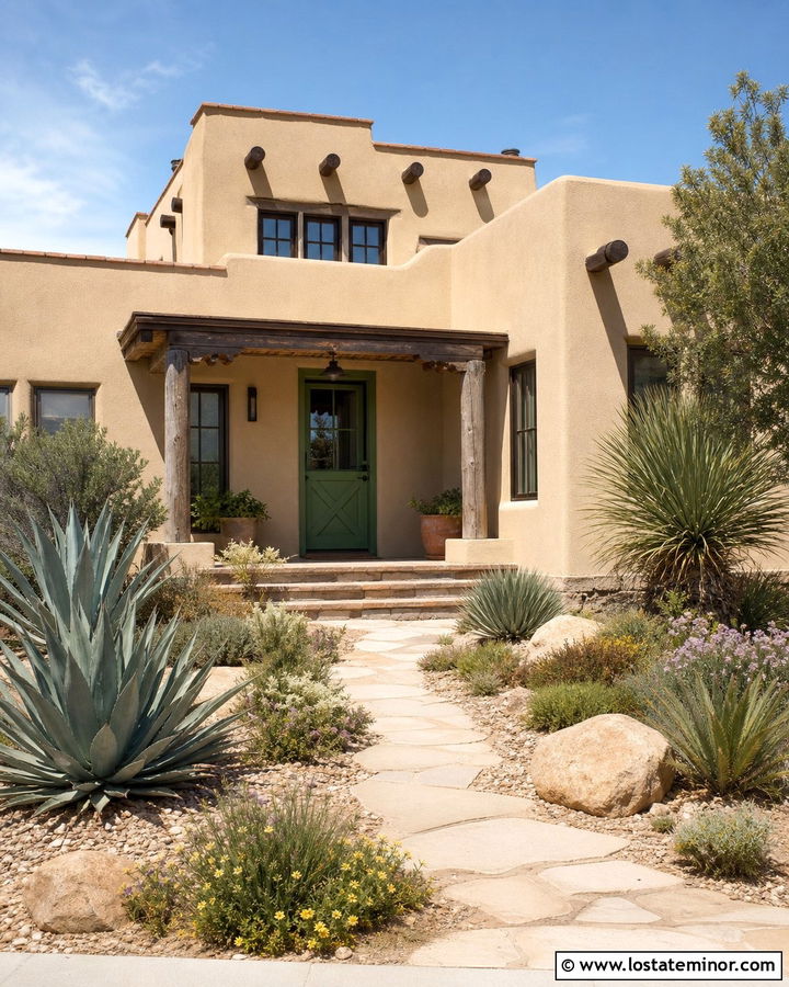 Tan Adobe House With Cactus Green Dutch Door - 30 Tan House Design With Dutch Door Ideas