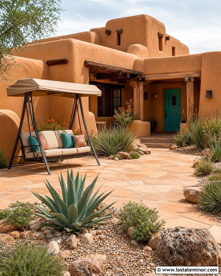 Tan Adobe House With Canopy Swing - 30 Tan House Design With Swing Ideas
