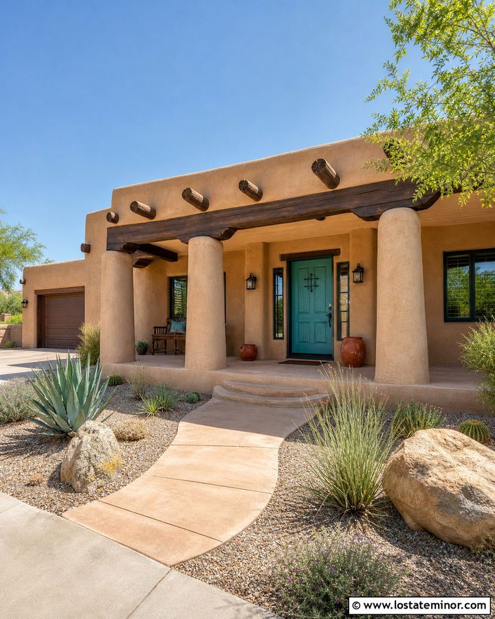 Tan Adobe House With Sand Colored Porch Ceiling - 30 Tan House Design With Porch Ceiling Ideas