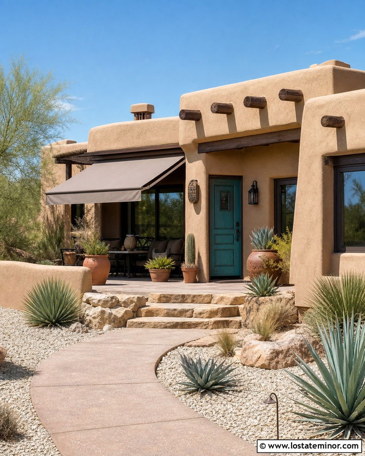 Tan Adobe House With Taupe Fabric Awning - 30 Tan House Design With Awning Ideas