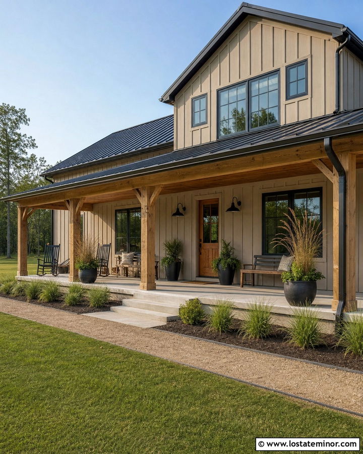 Tan Barndominium With Full Length Porch - 30 Tan House Design With Front Porch Ideas