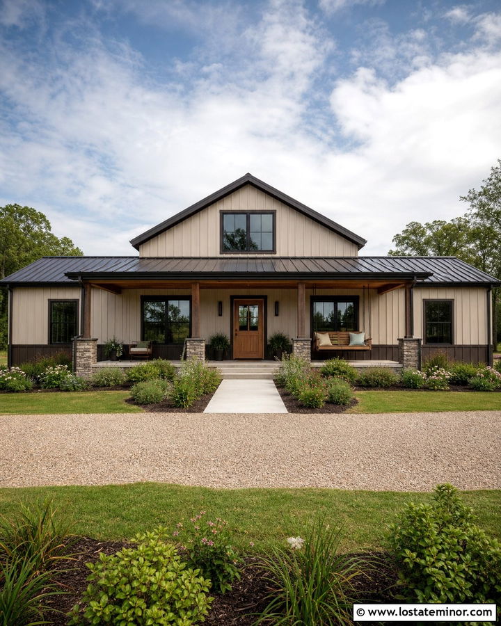 Tan Barndominium With Metal Frame Swing - 30 Tan House Design With Swing Ideas