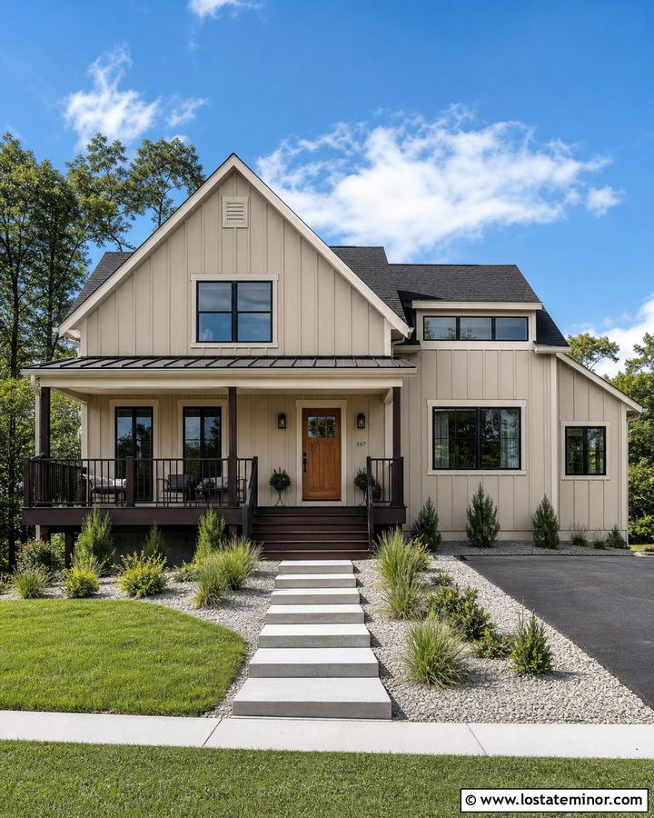 Tan Board And Batten House With Dark Deck - 30 Tan House Design With Deck Ideas