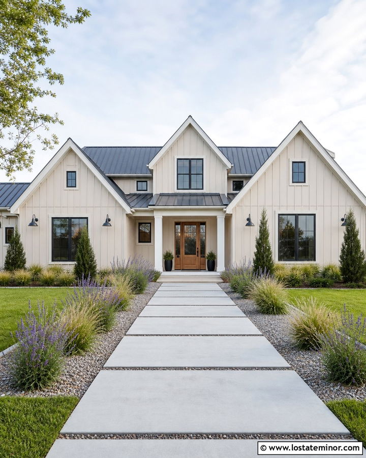 Tan Board And Batten House With Gravel Landscaping - 30 Tan House Design With Front Yard Ideas