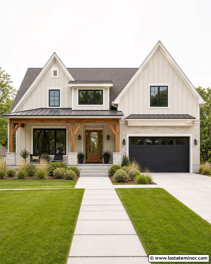 Tan Board And Batten House With Gray Shingles - 30 Tan House Design With Shingles Ideas