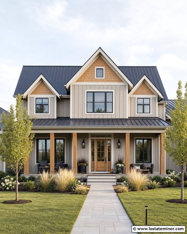 Tan Board And Batten With Cedar Shakes - 30 Tan House Design With Cedar Shake Ideas