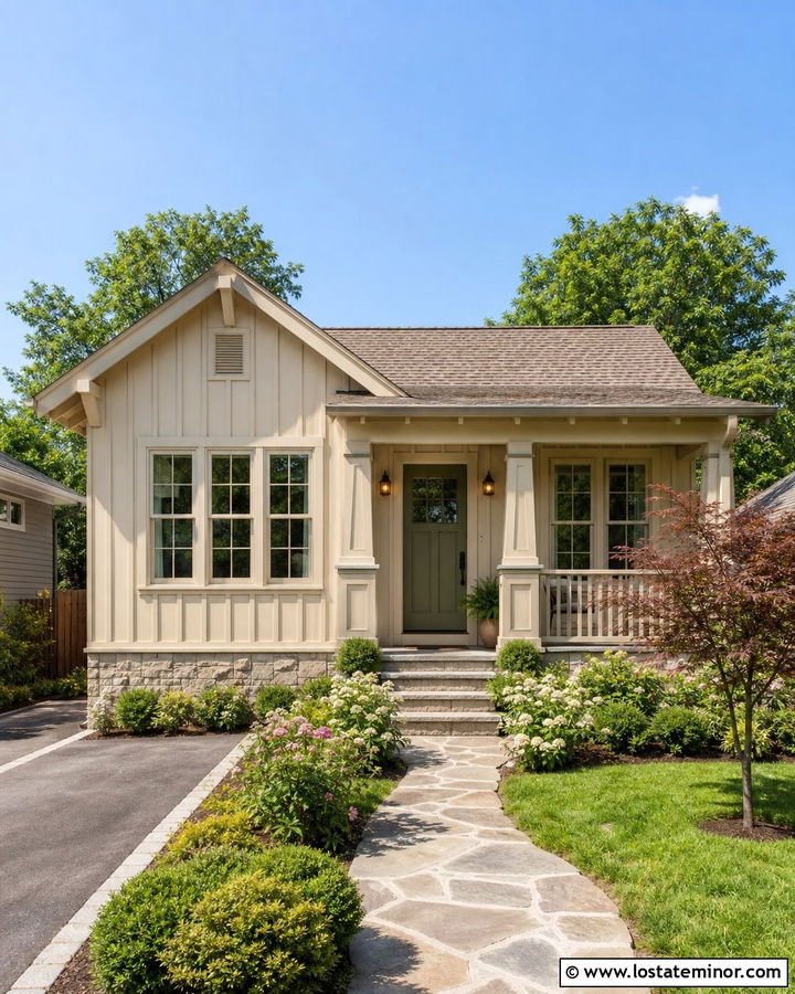 Tan Board and Batten Bungalow With Cream Trim - 30 Tan House Design With Board and Batten Ideas