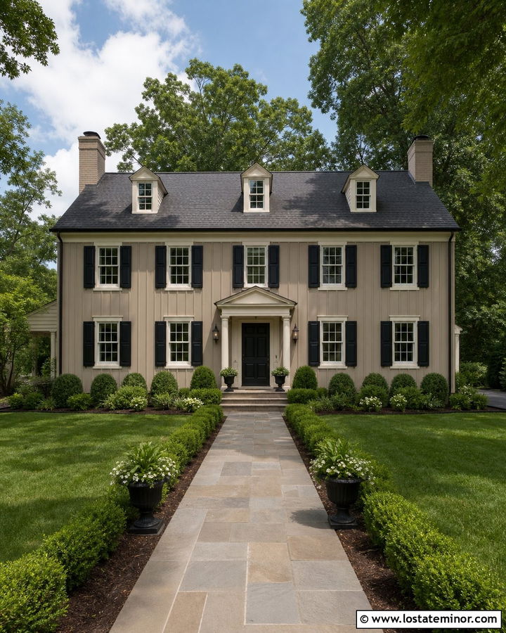 Tan Board and Batten Colonial With Symmetrical Windows - 30 Tan House Design With Board and Batten Ideas