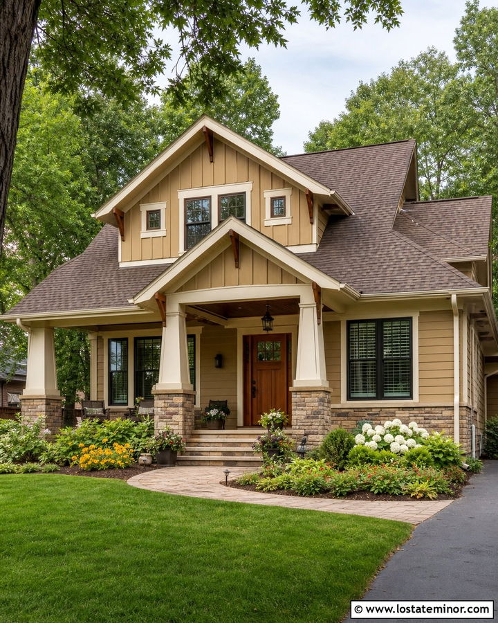 Tan Board and Batten Craftsman With Cedar Door - 30 Tan House Design With Board and Batten Ideas