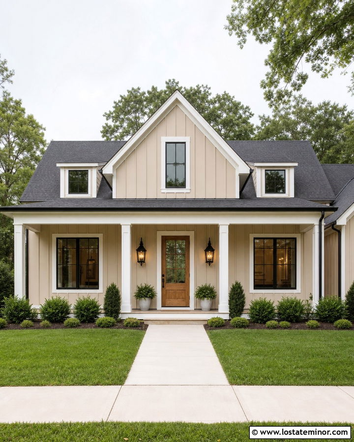 Tan Board and Batten Farmhouse With White Trim - 30 Tan House Design With Board and Batten Ideas