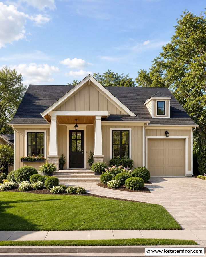 Tan Board and Batten House With Black Door - 30 Tan House Design With Board and Batten Ideas