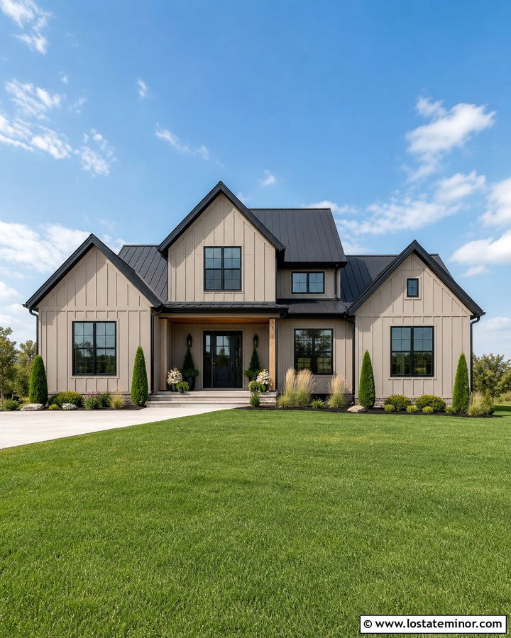 Tan Board and Batten House With Black Trim - 30 Tan House Design With Board and Batten Ideas
