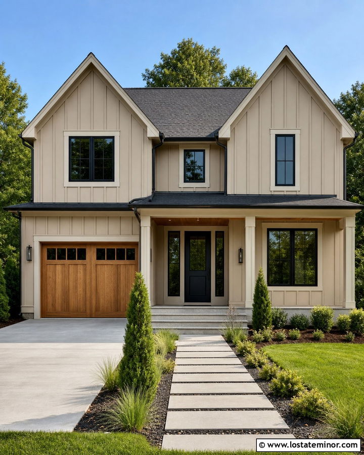 Tan Board and Batten House With Black Windows - 30 Tan House Design With Board and Batten Ideas