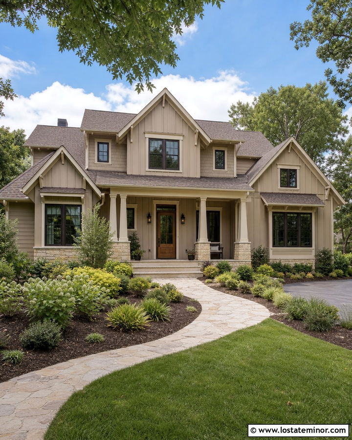 Tan Board and Batten House With Bronze Windows - 30 Tan House Design With Board and Batten Ideas