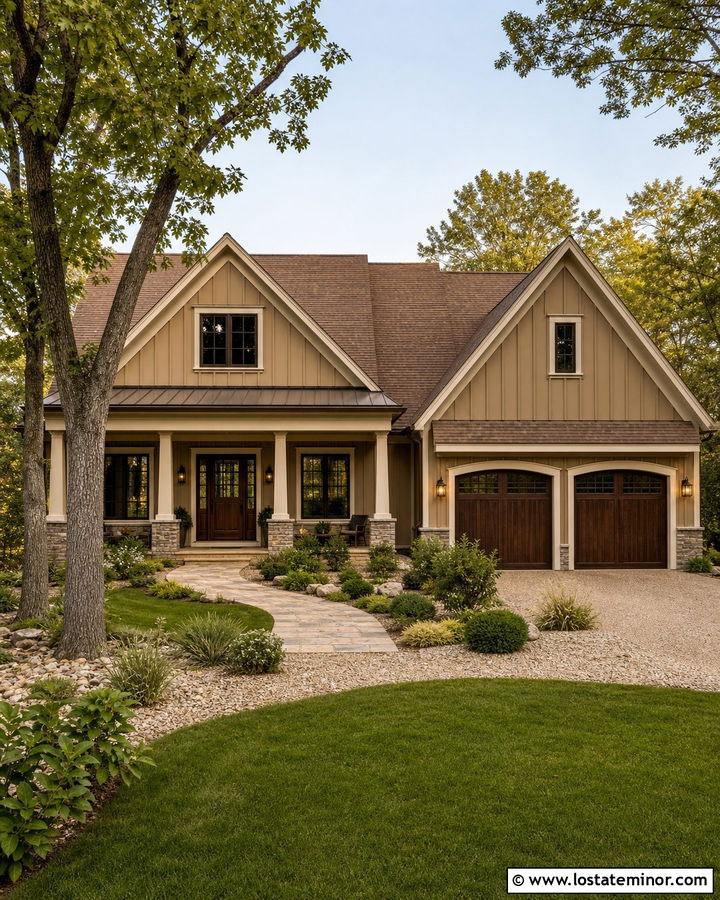 Tan Board and Batten House With Brown Roof - 30 Tan House Design With Board and Batten Ideas