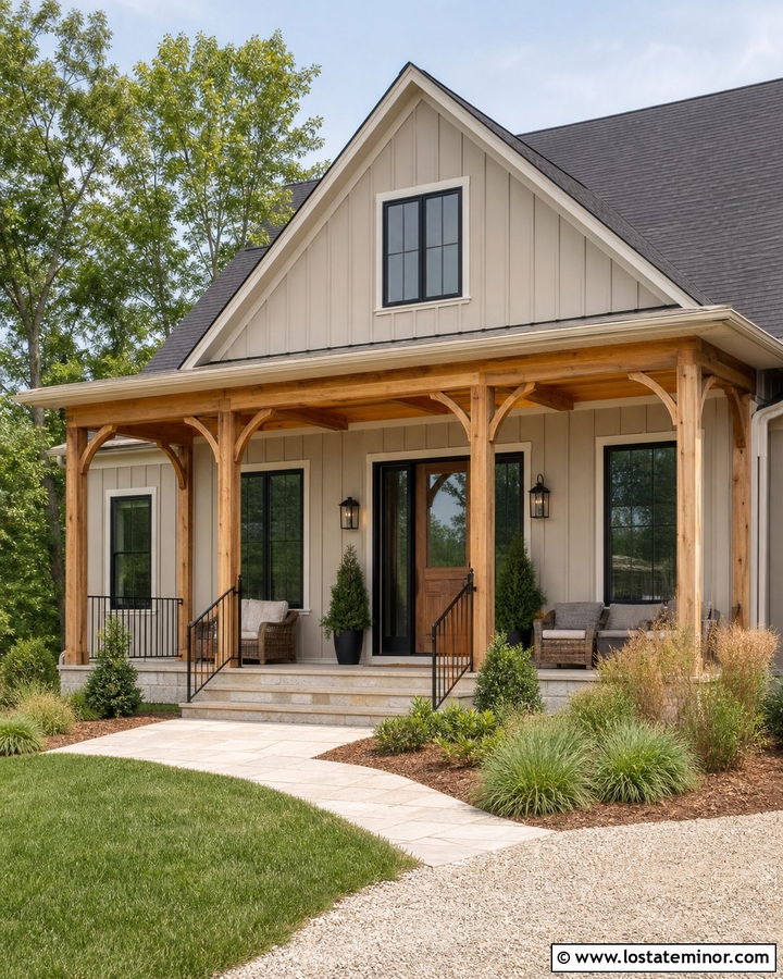 Tan Board and Batten House With Cedar Porch - 30 Tan House Design With Board and Batten Ideas