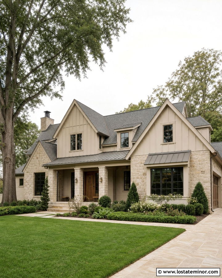 Tan Board and Batten House With Limestone - 30 Tan House Design With Board and Batten Ideas