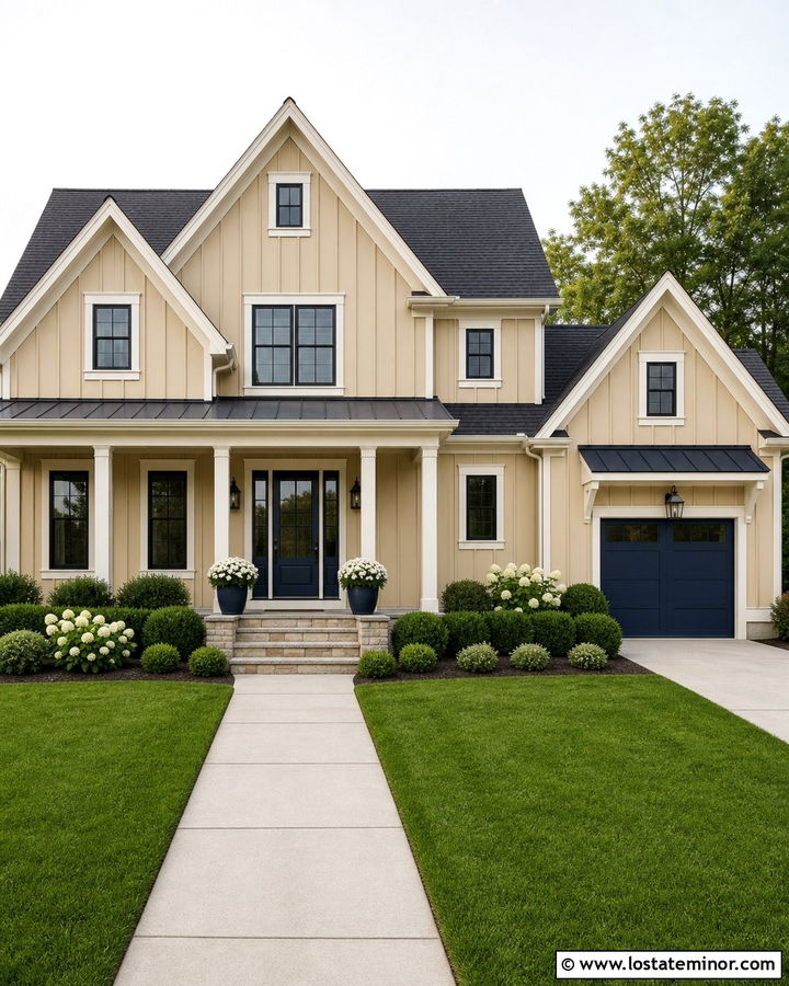 Tan Board and Batten House With Navy Door - 30 Tan House Design With Board and Batten Ideas