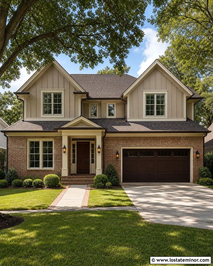 Tan Board and Batten House With Red Brick - 30 Tan House Design With Board and Batten Ideas