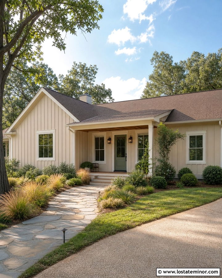 Tan Board and Batten House With Sage Green Door - 30 Tan House Design With Board and Batten Ideas