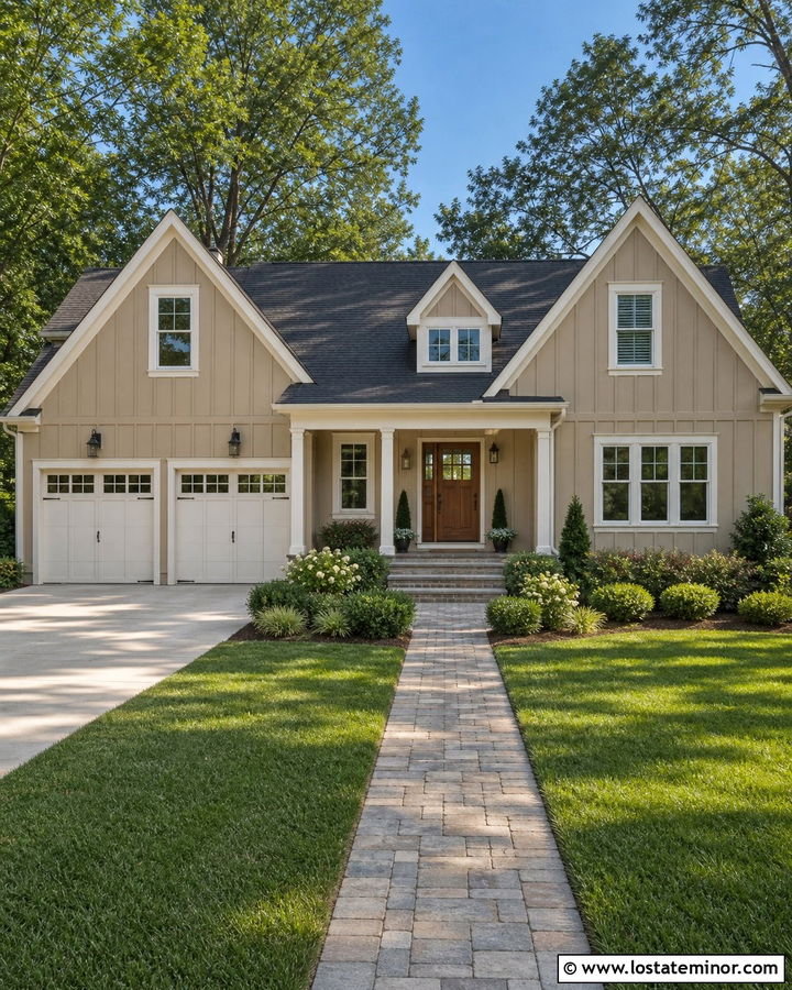 Tan Board and Batten House With White Garage Doors - 30 Tan House Design With Board and Batten Ideas
