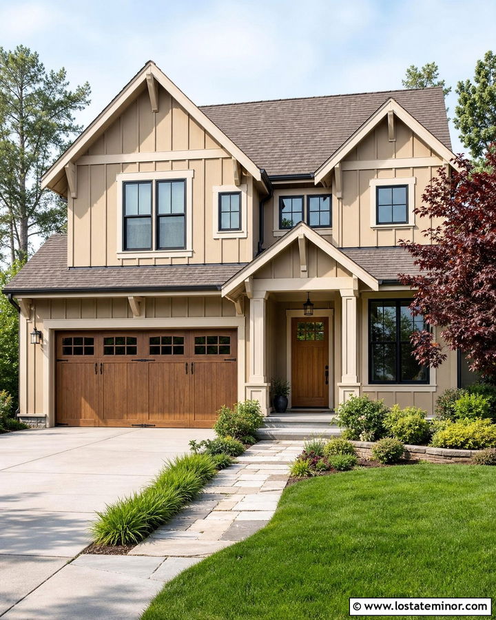 Tan Board and Batten House With Wood Garage Doors - 30 Tan House Design With Board and Batten Ideas