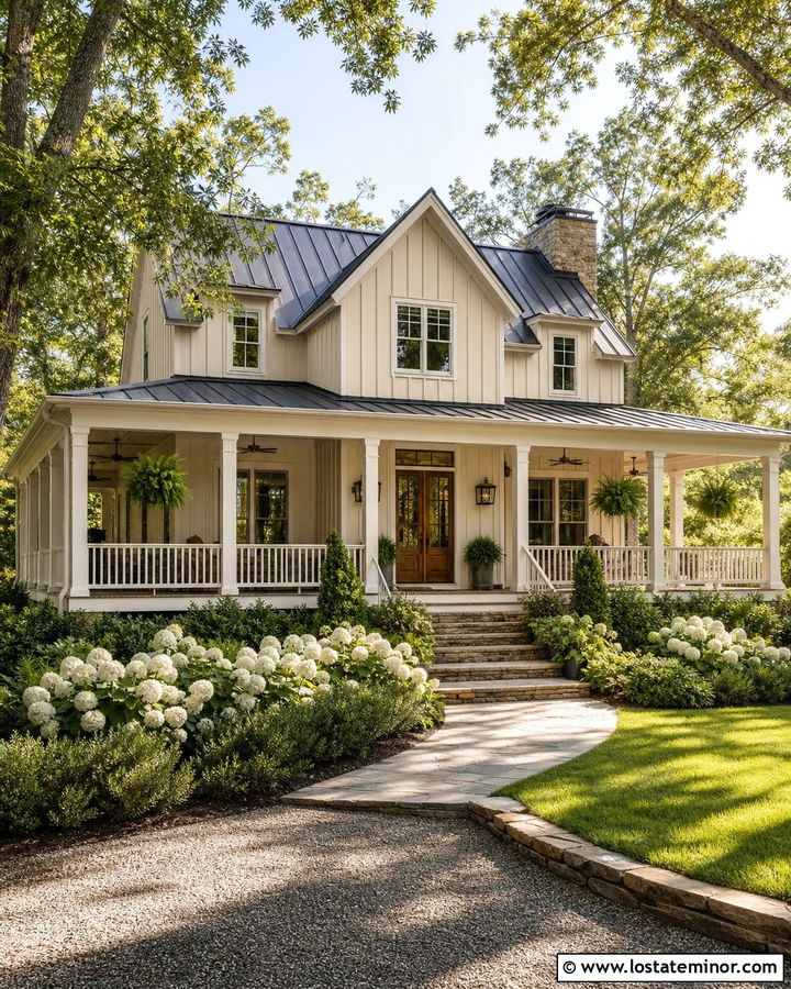 Tan Board and Batten House With Wraparound Porch - 30 Tan House Design With Board and Batten Ideas