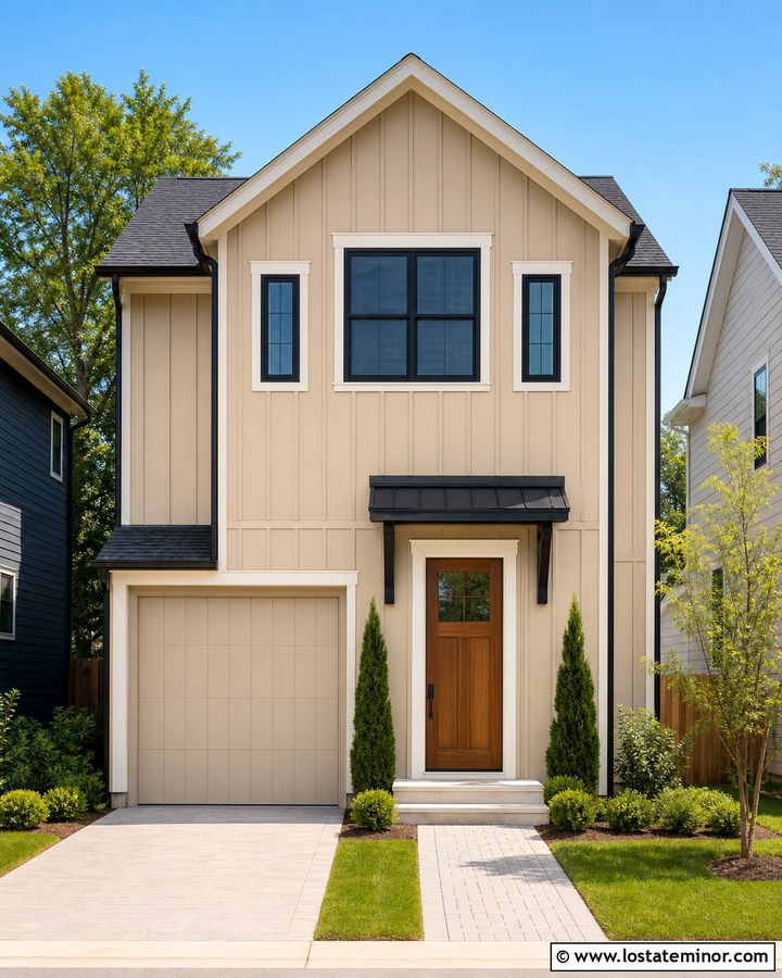 Tan Board and Batten Narrow Lot House - 30 Tan House Design With Board and Batten Ideas