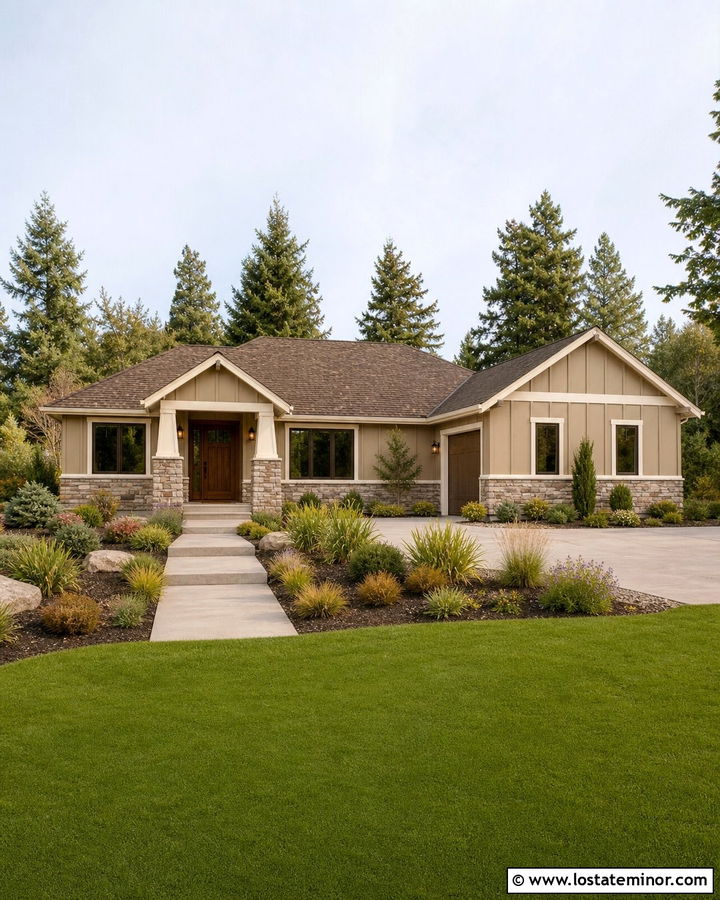 Tan Board and Batten Ranch With Stone Wainscot - 30 Tan House Design With Board and Batten Ideas