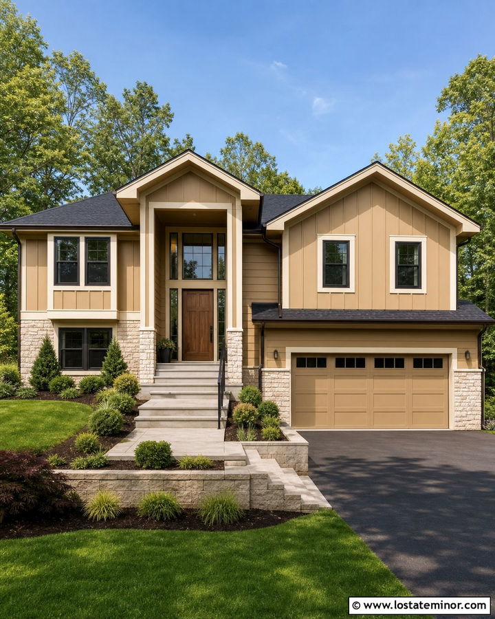 Tan Board and Batten Split Level House - 30 Tan House Design With Board and Batten Ideas