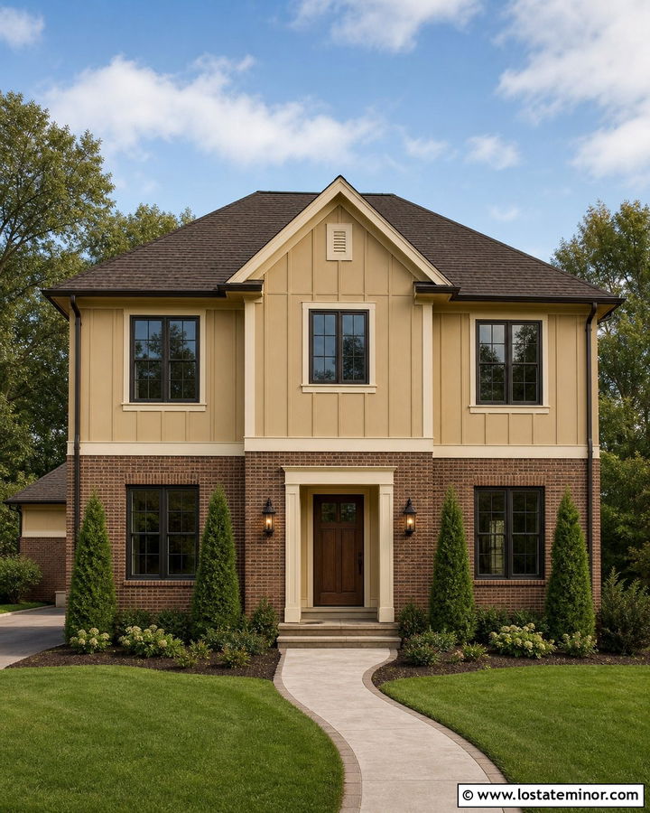 Tan Board and Batten Upper Story With Brick - 30 Tan House Design With Board and Batten Ideas